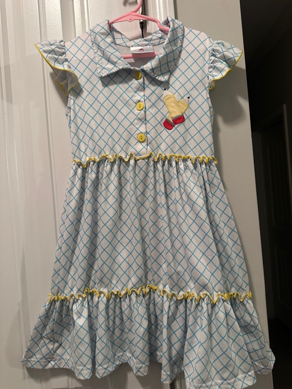 Girls' Blue Windowpane Cotton Dress with Yellow Trim